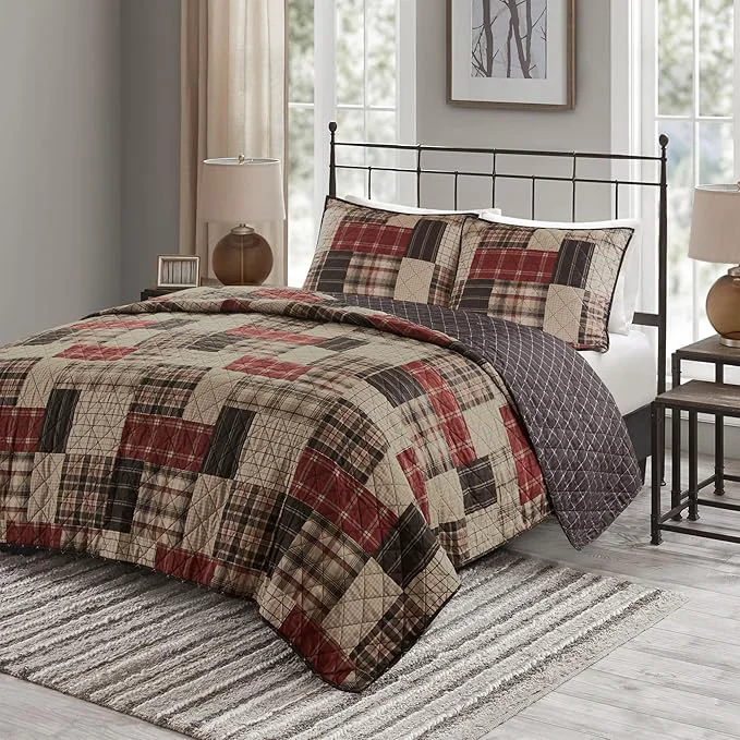Solid Madison Park Queen Quilt Set Patchwork Farmhouse Diamond Quilting Reversible Coverlet Set for Queen Size Bed Plush Cotton Filled Quilt Set Queen Size Shams Full Queen Red Black 3 Piece First-Class
