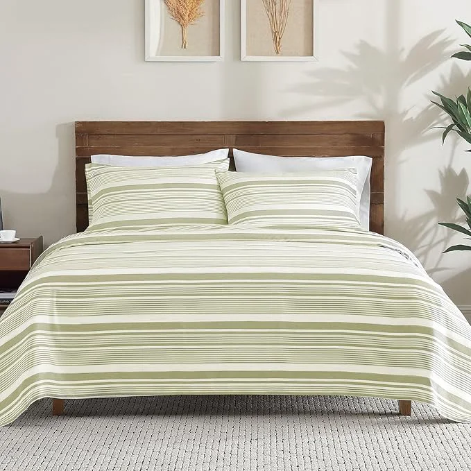 Crafted ClevaHome Classic Stripe Sheet Set - 4 Pieces Super Soft amp Breathable Bed Sheet Set with Deep Pocket Enhanced Comfort amp Easy Care Queen Sage Stripe Comfortable