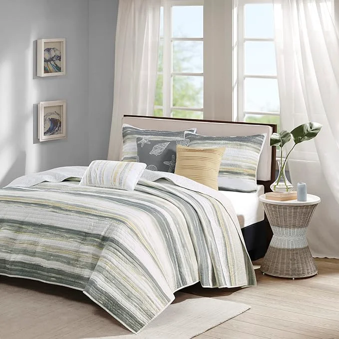 Selected Madison Park Quilt Set Cottage Coastal Design 6 Piece Set - All Season Coverlet Bedspread Lightweight Bedding Layer Shams Toss Pillows Full Queen 90 in x 90 in Yellow Grey Professional