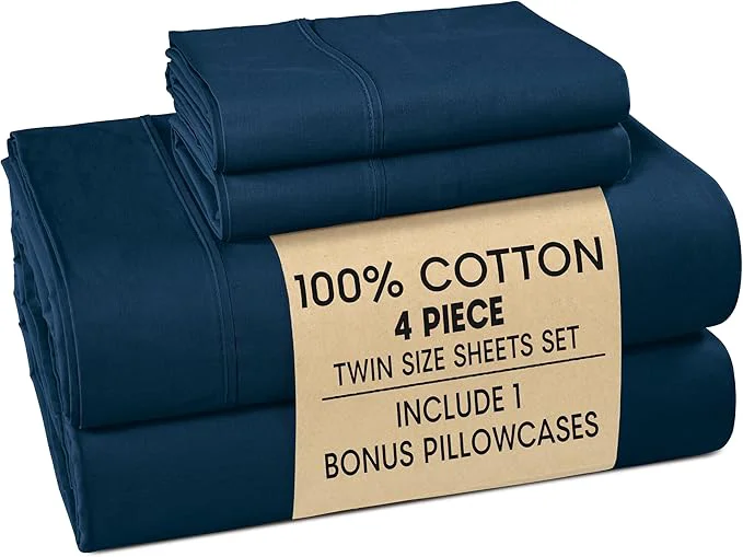 Pure Casa Platino Twin Sheets Set – Cotton Bed Sheets Twin Breathable amp Crisp Percale 4 Piece Set 15 quot Deep Pocket for A Secure Fit Ultra Soft amp Cozy Fit – Navy Blue Detailed