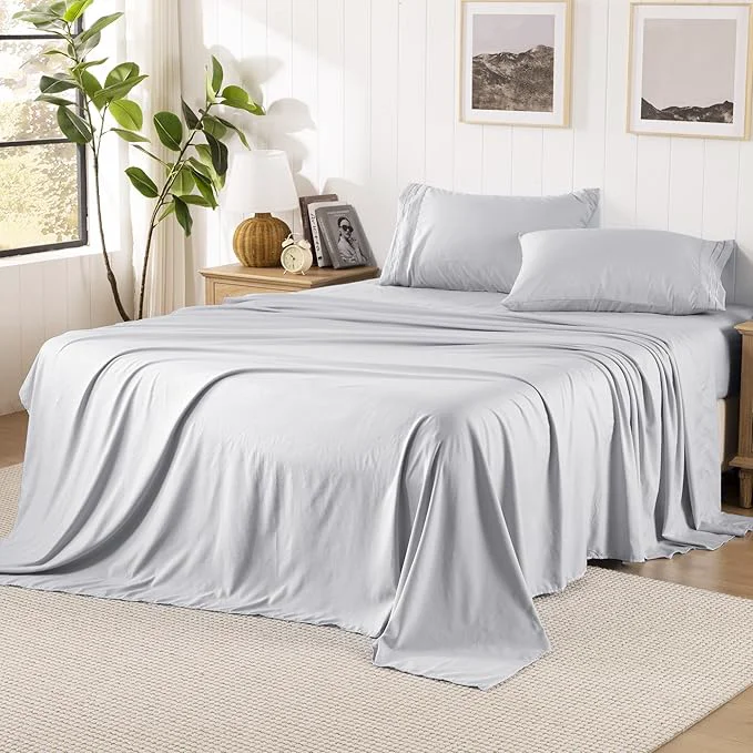 Sustainable Light Grey King Size Sheet Set Pre-washed Microfiber Cotton-Like 4 Pcs Ultra Soft Bedding Set King Breathable Cooling Skin-Friendly All Seasons 1 Fitted 1 Flat 2 Pillowcases Light Grey King Unique
