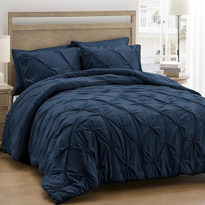 Sustainable UNIKOME Queen Comforter Set Navy Royal Blue - Ultra Soft Boho Pintuck Down Bedding Set for All Seasons 3 Pieces Lightweight Warm Pinch Pleat Bed Set with Comforter 2 Pillowcases Refined