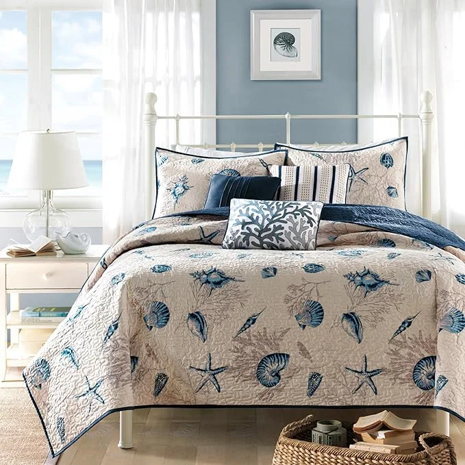 Official Madison Park Quilt Set Cottage Coastal Design Starfish Print - All Season Coverlet Bedspread Lightweight Bedding Layer Shams Toss Pillows King Cal King 104 quot x94 quot Bayside Blue Ivory 6 Piece Soft