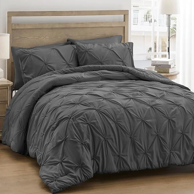 Consistent UNIKOME King Comforter Set Dark Gray - Ultra Soft Boho Pintuck Down Bedding Set for All Seasons 3 Pieces Lightweight Warm Pinch Pleat Bed Set with Comforter 2 Pillowcases Top-Quality