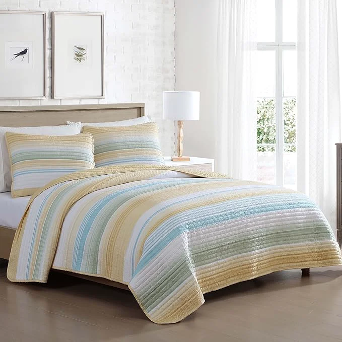 Crafted Beatrice Home Fashions Coralinn Striped 3-Piece Quilt Set Lightweight All-Seasons King Yellow Sage Carefully Designed
