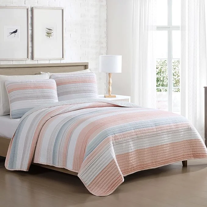 Smart Beatrice Home Fashions Coralinn Striped 3-Piece Quilt Set Lightweight All-Seasons King Blush Environmentally Friendly