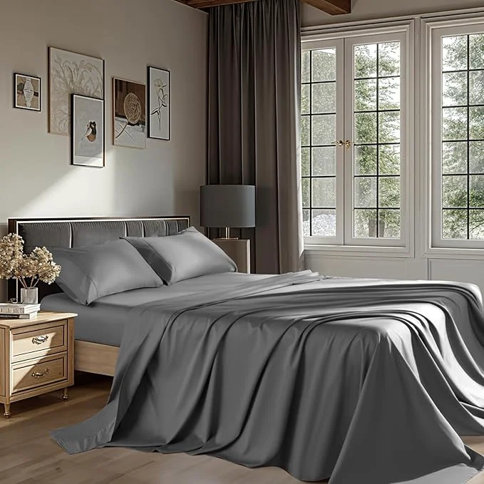 Durable Egyptian Cotton Sheets 1200 Thread Count Queen Size Bedding Sets 4 Pcs Fitted Sheet Up to 16 quot Deep Breathable All Seasons Queen Dark Gray Safe