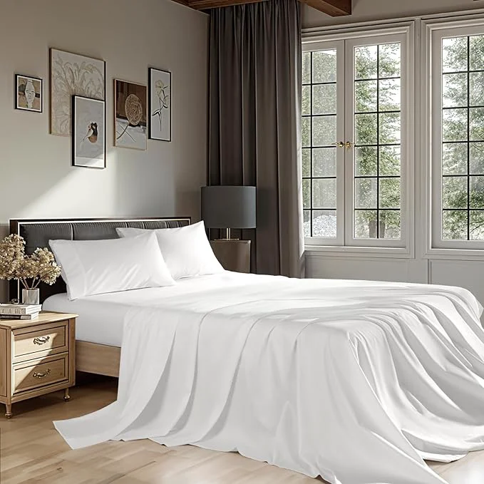 Recyclable Egyptian Cotton Sheets 1200 Thread Count Full Size Bedding Sets 4 Pcs Fitted Sheet Up to 16 quot Deep Breathable All Seasons Full White Versatile