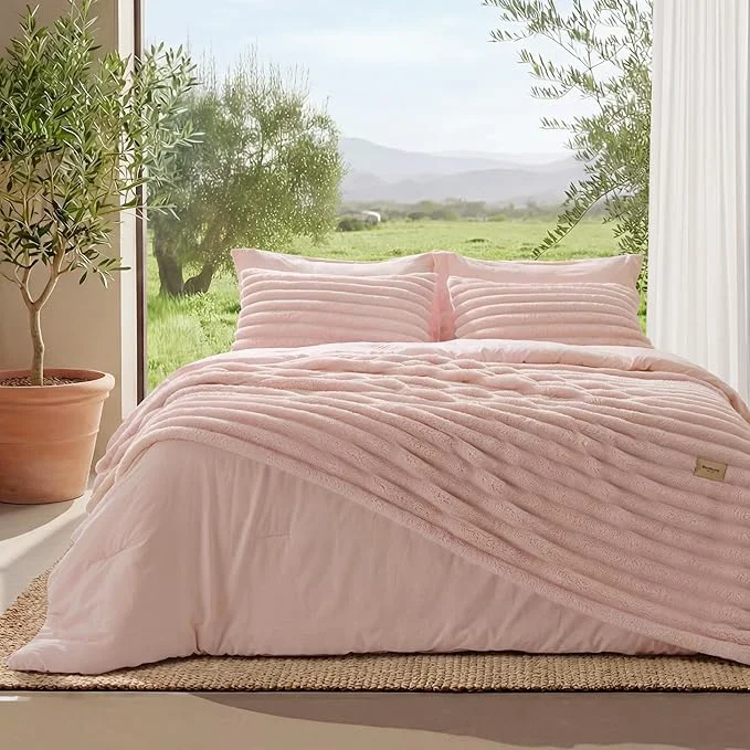 Breathable Bedsure Gentlesoft™ 2-in-1 King Size Comforter Set and Detachable Fluffy Blanket Pink Bedding Set for All Season Use SnapTech™ Design for Space Saving Includes 2 Pillow Shams 2 Pillowcases Practical