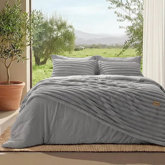 Expertly Made Bedsure Gentlesoft™ 2-in-1 Queen Comforter Set and Detachable Fluffy Blanket Grey Bedding Set for All Season Use SnapTech Design for Space Saving Includes 2 Pillow Shams 2 Pillowcases Fine