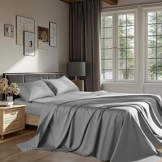 Flexible Egyptian Cotton Sheets 1200 Thread Count Full Size Bedding Sets 4 Pcs Fitted Sheet Up to 16 quot Deep Breathable All Seasons Full Gray Healthy