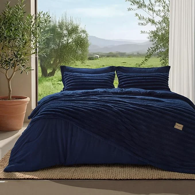 High-End Bedsure Gentlesoft™ 2-in-1 Full Comforter Set and Detachable Fluffy Blanket Navy Blue Bedding Set for All Season Use SnapTech Design for Space Saving Includes 2 Pillow Shams 2 Pillowcases Secure