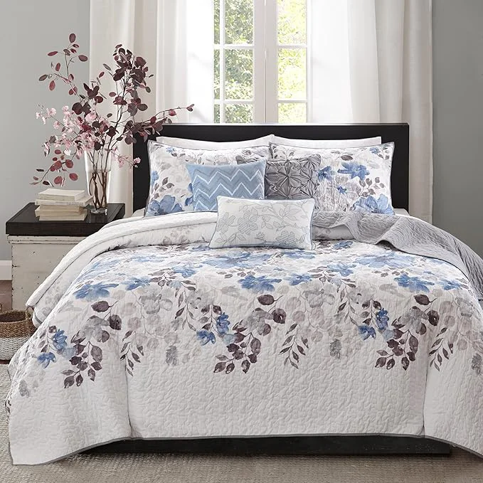 Expertly Made Madison Park Luna Quilt Modern Classic Design All Season Breathable Coverlet Lightweight Bedding Set Matching Shams Decorative Pillow Full Queen 90 quot x90 quot Floral Blue 6 Piece Pure