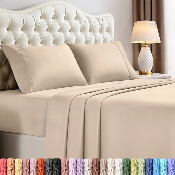 Reusable Utopia Bedding California King Sheet Set – 4 Piece Bed Sheets for Cal King Size Bed Soft and Breathable Microfiber Includes 1 Fitted Sheet 1 Flat Sheet and 2 Pillowcases Beige Top-Quality