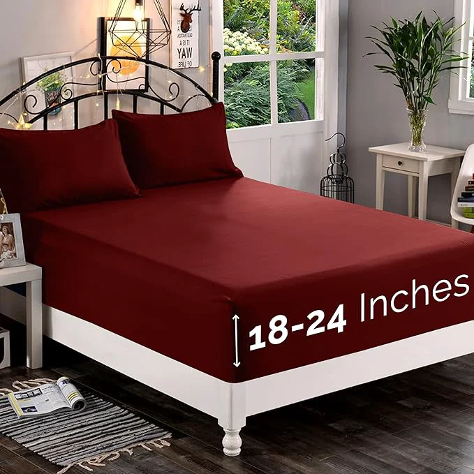 Traditional Elegant Comfort 1500 Premium Quality Fitted Sheet Ultra Soft 18-24 Inch Extra Deep Pocket - Single Fitted Sheet for High Mattress - Wrinkle with Smart Storage Pockets King Burgundy Practical