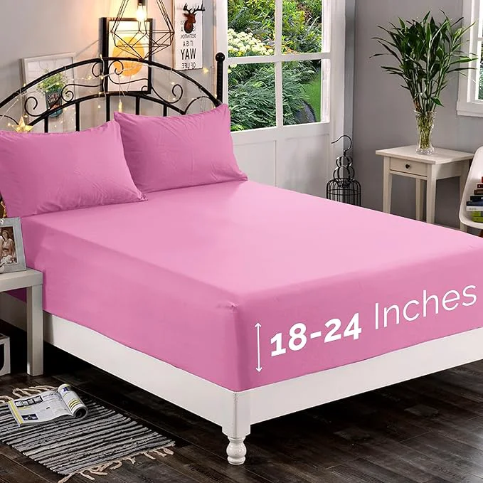 Reusable Elegant Comfort 1500 Premium Quality Fitted Sheet Ultra Soft 18-24 Inch Extra Deep Pocket - Single Fitted Sheet for High Mattress - Wrinkle with Smart Storage Pockets King Light Pink Artisan