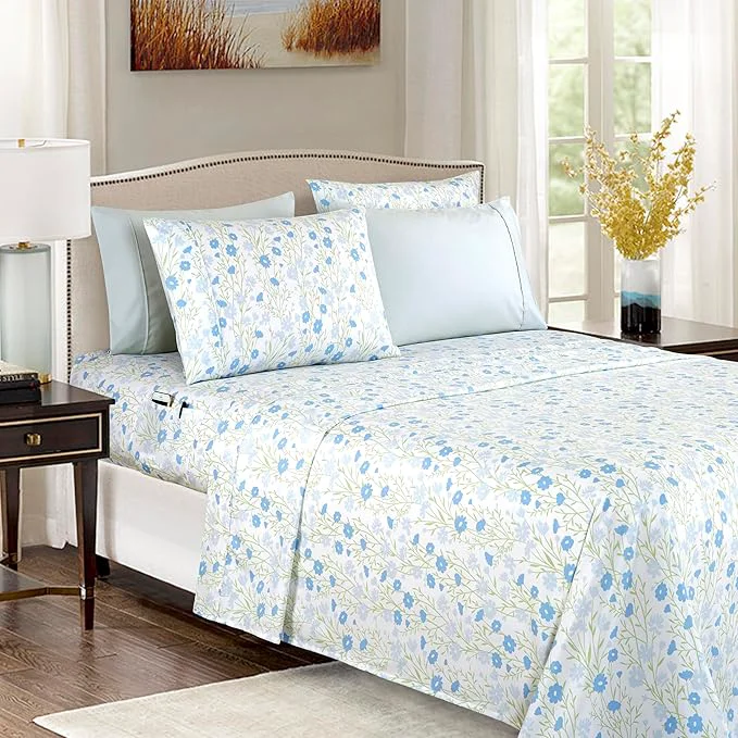 Top-Quality Elegant Comfort Softest and Coziest 6-Piece Sheet Set - 1500 Premium Hotel Quality Microfiber - Deep Pocket Wrinkle Resistant 6-Piece Floral Bed Sheet Set California King Laurel Blue Casual