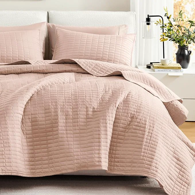 Secure Comfort Spaces Kienna Quilt Set- Double Sided Stitching Design Summer Blanket Lightweight Soft All Season Bedding Layer Matching Sham Blush Coverlet Full Queen 90 quot x90 quot 3 Piece Artisan