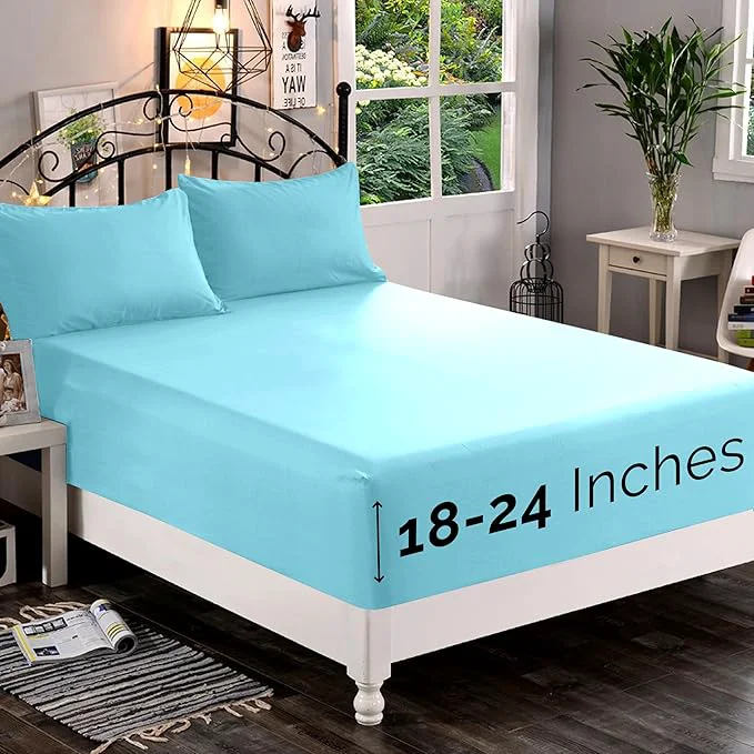 Verified Elegant Comfort 1500 Premium Quality Fitted Sheet Ultra Soft 18-24 Inch Extra Deep Pocket - Single Fitted Sheet for High Mattress - Wrinkle with Smart Storage Pockets King Aqua Blue Sophisticated