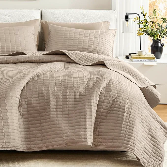 Premium Comfort Spaces Kienna Quilt Set- Double Sided Stitching Design Summer Blanket Lightweight Soft All Season Bedding Layer Matching Sham Taupe Coverlet King 104 quot x90 quot 3 Piece Comfortable
