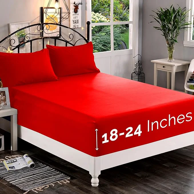 Selected Elegant Comfort 1500 Premium Quality Fitted Sheet Ultra Soft 18-24 Inch Extra Deep Pocket - Single Fitted Sheet for High Mattress - Wrinkle with Smart Storage Pockets King Red Luxury