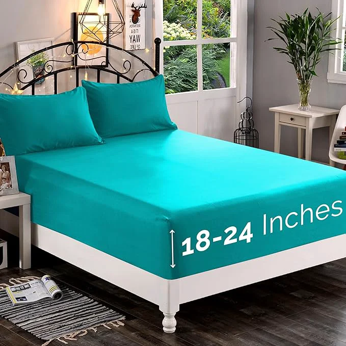 Superior Elegant Comfort 1500 Premium Quality Fitted Sheet Ultra Soft 18-24 Inch Extra Deep Pocket - Single Fitted Sheet for High Mattress - Wrinkle with Smart Storage Pockets Cal King Turquoise Luxury