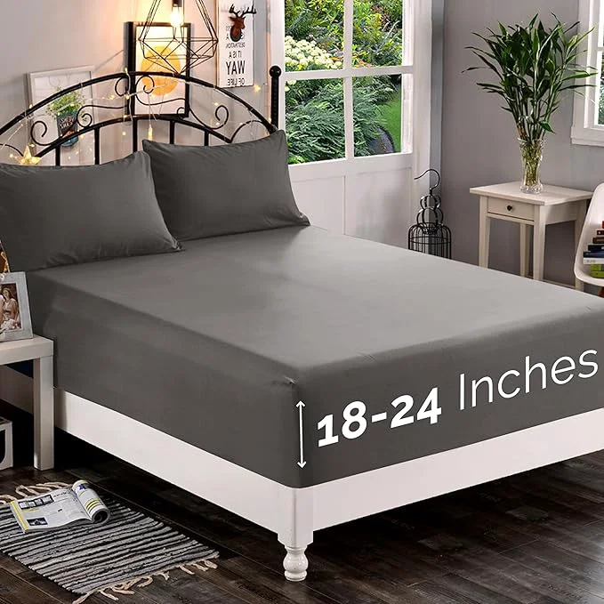 Safe Elegant Comfort 1500 Premium Quality Fitted Sheet Ultra Soft 18-24 Inch Extra Deep Pocket - Single Fitted Sheet for High Mattress - Wrinkle with Smart Storage Pockets King Gray