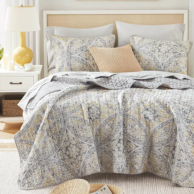 Top-Quality Comfort Spaces Boho Quilt Set Queen Reversible Vermicelli Quilting Queen Size Bed All Season Lightweight Coverlet Winter Layer Bedding Shams Gloria Full Queen Grey Yellow 3 Piece Elegant