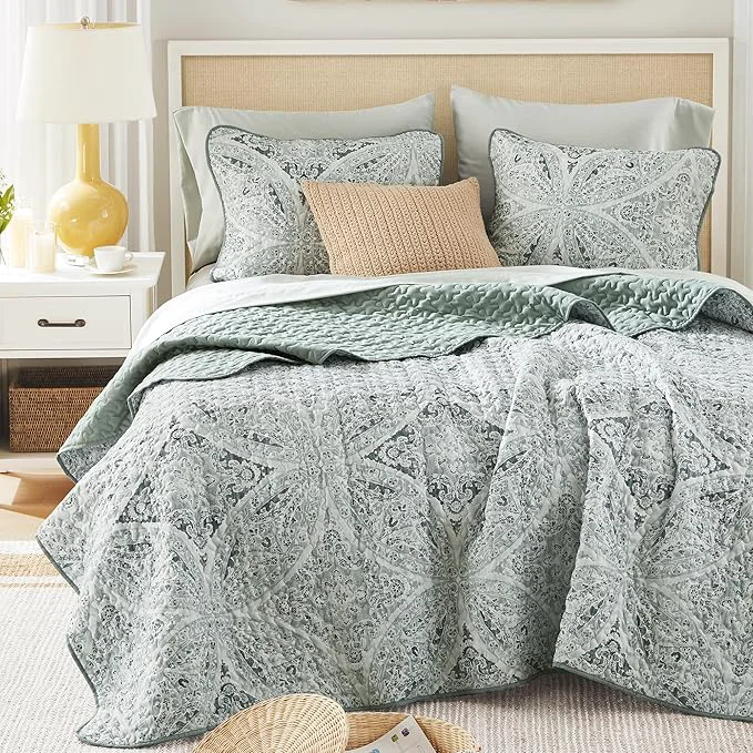 Environmentally Friendly Comfort Spaces Boho Quilt Set King Reversible Vermicelli Quilting King Size Bed All Season Lightweight Coverlet Winter Layer Bedding Shams Gloria King Green 3 Piece High-Performance