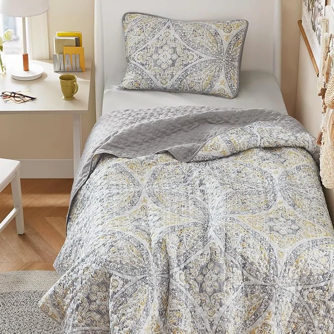 Fine Crafted Comfort Spaces Boho Quilt Set Twin Reversible Vermicelli Quilting Twin Size Bed All Season Lightweight Coverlet Winter Layer Bedding Shams Gloria Twin Twin XL Grey Yellow 2 Piece Dependable