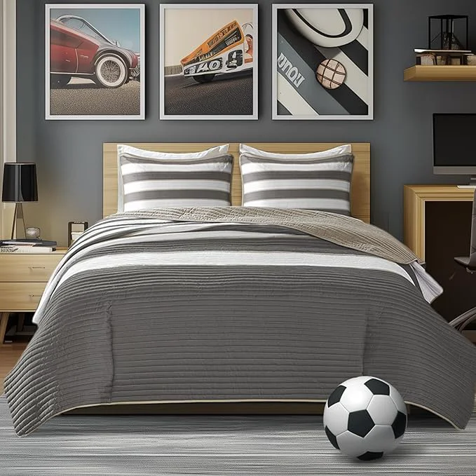 Exceptional Comfort Spaces Twin Quilt Set Trendy Casual Fun Vibrant Color Stripes Design All Season Lightweight Coverlet Bedspread Twin Size Kids Bedding amp Sham Verone Twin Twin XL Grey 2 Piece Prestigious
