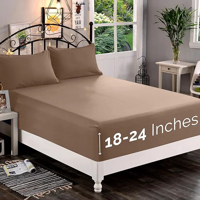 Environmentally Friendly Elegant Comfort 1500 Premium Quality Fitted Sheet Ultra Soft 18-24 Inch Extra Deep Pocket - Single Fitted Sheet for High Mattress - Wrinkle with Smart Storage Pockets Full Taupe Dependable