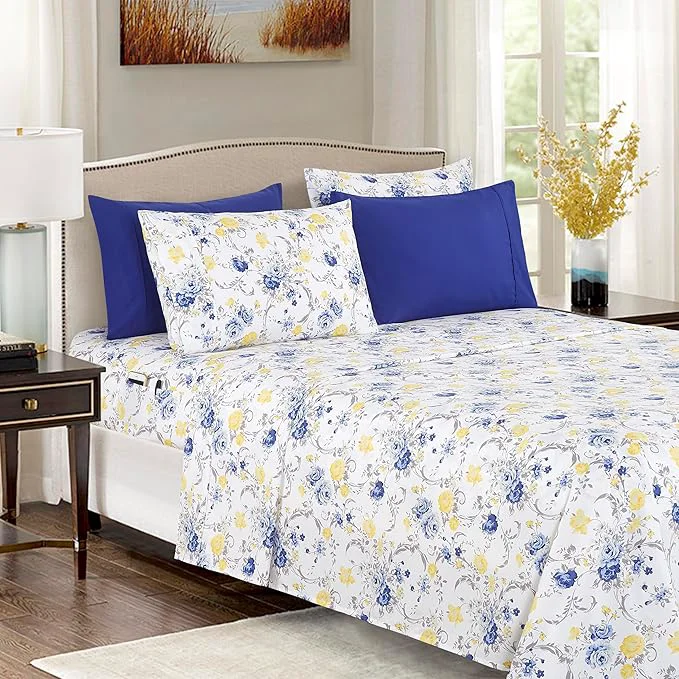 Certified Elegant Comfort Softest and Coziest 6-Piece Sheet Set - 1500 Premium Hotel Quality Microfiber - Deep Pocket Wrinkle Resistant 6-Piece Floral Bed Sheet Set King Jenna Gold Long-Lasting