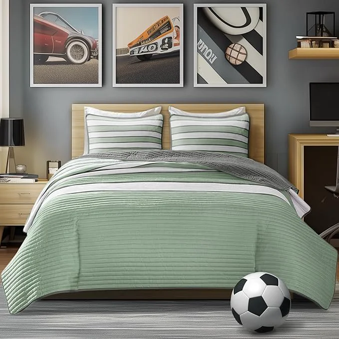 Secure Comfort Spaces Twin Quilt Set Trendy Casual Fun Vibrant Color Stripes Design All Season Lightweight Coverlet Bedspread Twin Size Kids Bedding amp Sham Verone Twin Twin XL Sage Green 2 Piece Prestigious