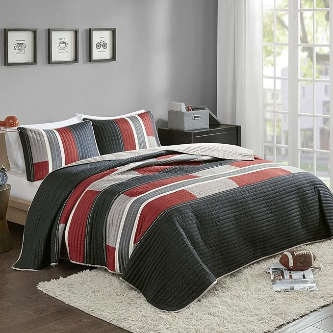 Comfort Spaces Quilt Set Trendy Casual Fun Vibrant Color Design Hypoallergenic All Season Lightweight Coverlet Bedspread Cozy Kids Bedding amp Sham Twin Twin XL Pierre Black Red Stripe 2 Piece Pure