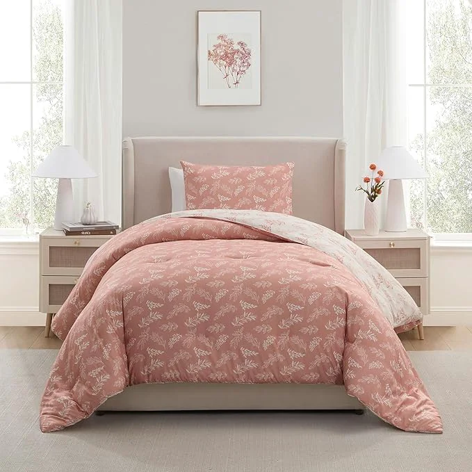 Safe Nestl Twin Twin XL Comforter Set - Blush Bed in a Bag Twin 2 Pieces Reversible Bed Set Soft Floral Bedding Set for College Dorm All Season Botanical Comforters with Pillow Sham Versatile