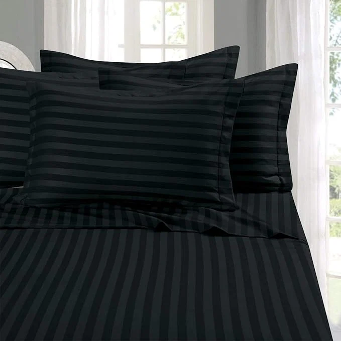 Superior Elegant Comfort Softest Coziest 6-Piece Sheet Sets - 1500 Premier Hotel Quality Luxurious Wrinkle Resistant 6-Piece Damask Stripe Bed Sheet Set Queen Black Casual