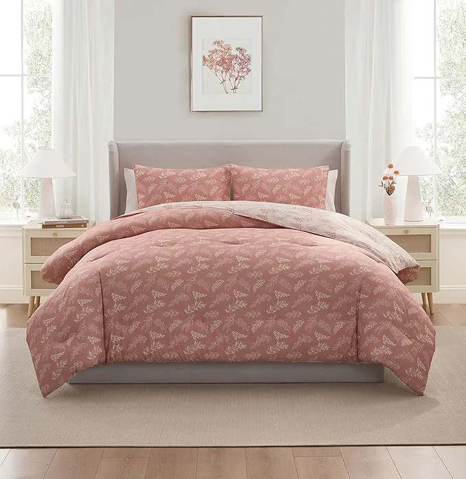 Enhanced Nestl Full Size Comforter Sets - Blush Bed in a Bag Full Size 3 Pieces Reversible Bed Set Soft Floral Bedding Set All Season Botanical Comforters with Pillow Shams Luxury