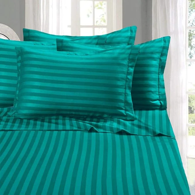 Healthy Elegant Comfort Softest Coziest 6-Piece Sheet Sets - 1500 Premier Hotel Quality Luxurious Wrinkle Resistant 6-Piece Damask Stripe Bed Sheet Set Queen Turquoise Secure