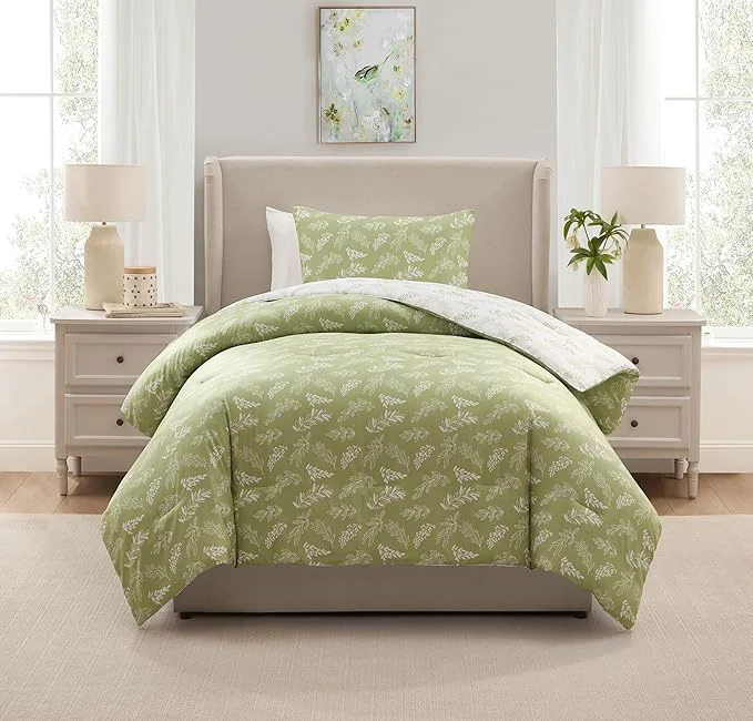 Lightweight Nestl Twin Twin XL Comforter Set - Sage Green Bed in a Bag Twin 2 Pieces Reversible Bed Set Soft Floral Bedding Set for College Dorm All Season Botanical Comforters with Pillow Sham Genuine