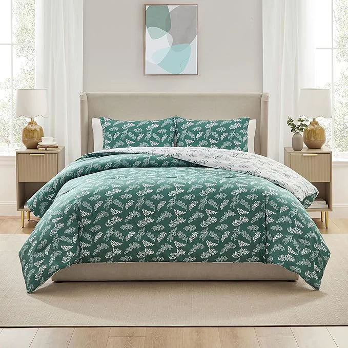 Contemporary Nestl King Size Comforter Set - Green Bed in a Bag King Size 3 Pieces Reversible Bed Set Soft Floral Bedding Set All Season Botanical Comforters with Pillow Shams Trendy