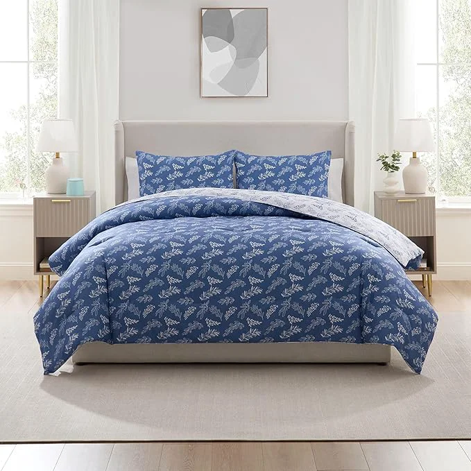 Trusted Nestl Full Size Comforter Sets - Slate Blue Bed in a Bag Full Size 3 Pieces Reversible Bed Set Soft Floral Bedding Set All Season Botanical Comforters with Pillow Shams Fine