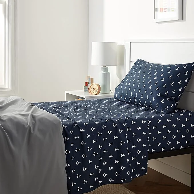 Sophisticated Amazon Basics Kid 39 s Breathable Soft Microfiber 3-Piece Sheet Set Easy-Wash Machine Washable Twin White Anchors Printed Consistent