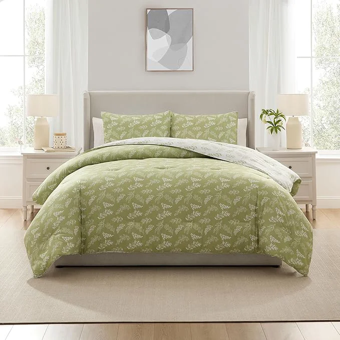 Unique Nestl Queen Comforter Set - Sage Green Bed in a Bag Queen Size 3 Pieces Reversible Bed Set Soft Floral Bedding Set All Season Botanical Comforters with Pillow Shams Detailed