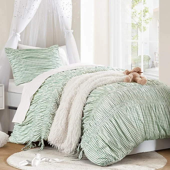 Responsible Intelligent Design Ella Twin Comforter Set – Ruched Gingham Shabby Chic Bedding Bow-Tie Detail All Season Lightweight 3 Piece Bedding Set Sham Twin Twin XL Green Powerful