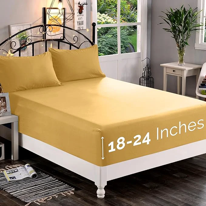 High-Grade Elegant Comfort 1500 Premium Quality Fitted Sheet Ultra Soft 18-24 Inch Extra Deep Pocket - Single Fitted Sheet for High Mattress - Wrinkle with Smart Storage Pockets Queen Camel-Gold Next-Generation