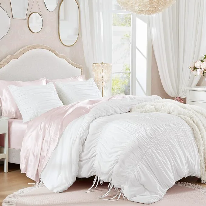 Advanced Intelligent Design Queen Comforter Set Ruched Shabby Chic Comforters for Queen Size Bed All Season Lightweight Comforter Queen French Country Bedding Set Shams Ella Full Queen White 3 Piece World-Class