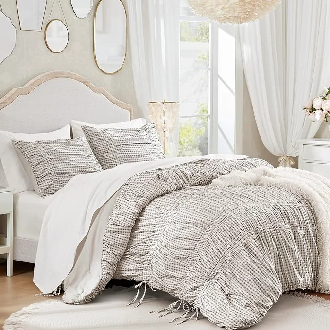 Superior Intelligent Design Ella King Comforter Set – Ruched Gingham Shabby Chic Bedding Bow-Tie Detail All Season Lightweight 3 Piece Bedding Set Sham King Cal King Brown World-Class