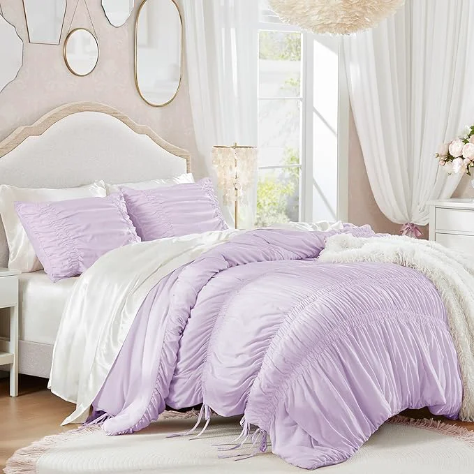 Effective Intelligent Design King Comforter Set Ruched Shabby Chic Comforters for King Size Bed All Season Lightweight Purple Ruffle French Country Bedding Set Shams Ella King Cal King Lavender 3 Piece Crafted