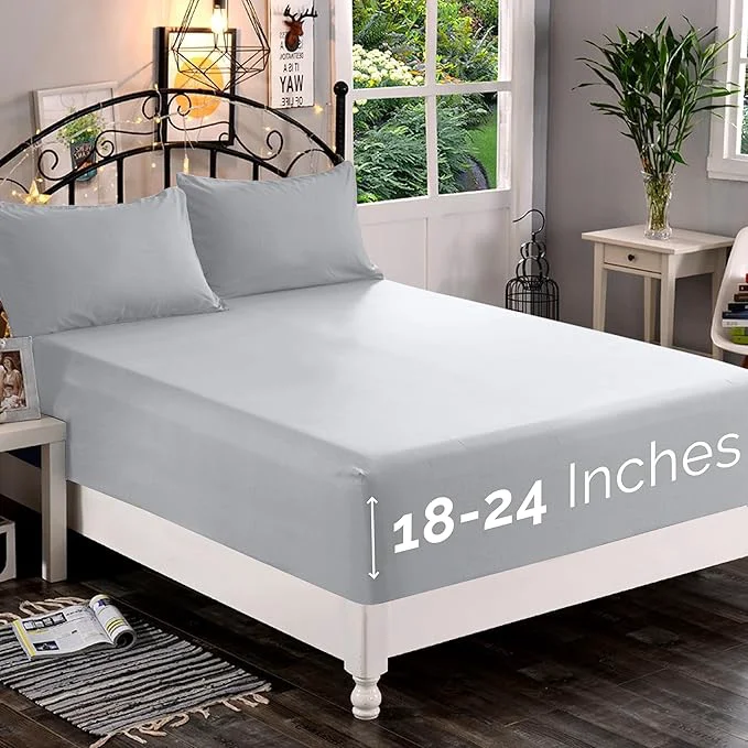 High-Quality Elegant Comfort 1500 Premium Quality Fitted Sheet Ultra Soft 18-24 Inch Extra Deep Pocket - Single Fitted Sheet for High Mattress - Wrinkle with Smart Storage Pockets Queen Silver Secure
